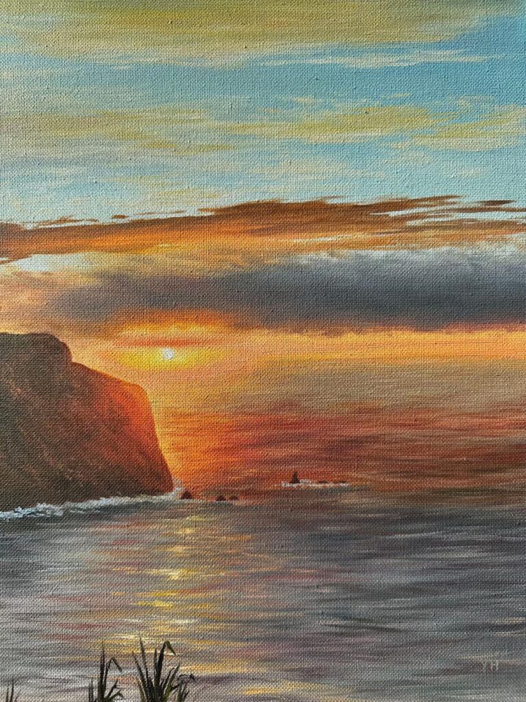 Sunset seascape landscape oil painting with ocean reflections