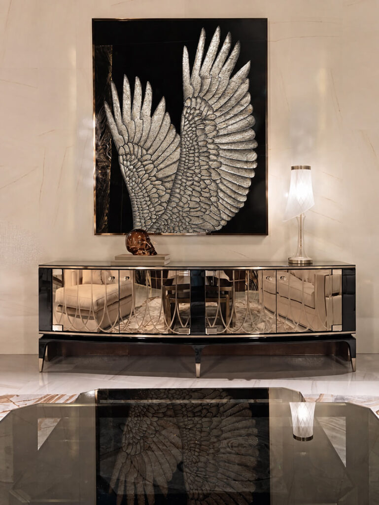 Framed crystal wing art styled in a contemporary living room