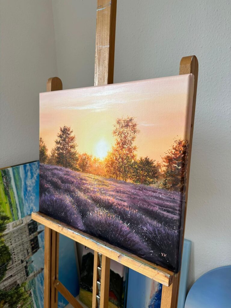 Textured landscape oil painting shown from the side
