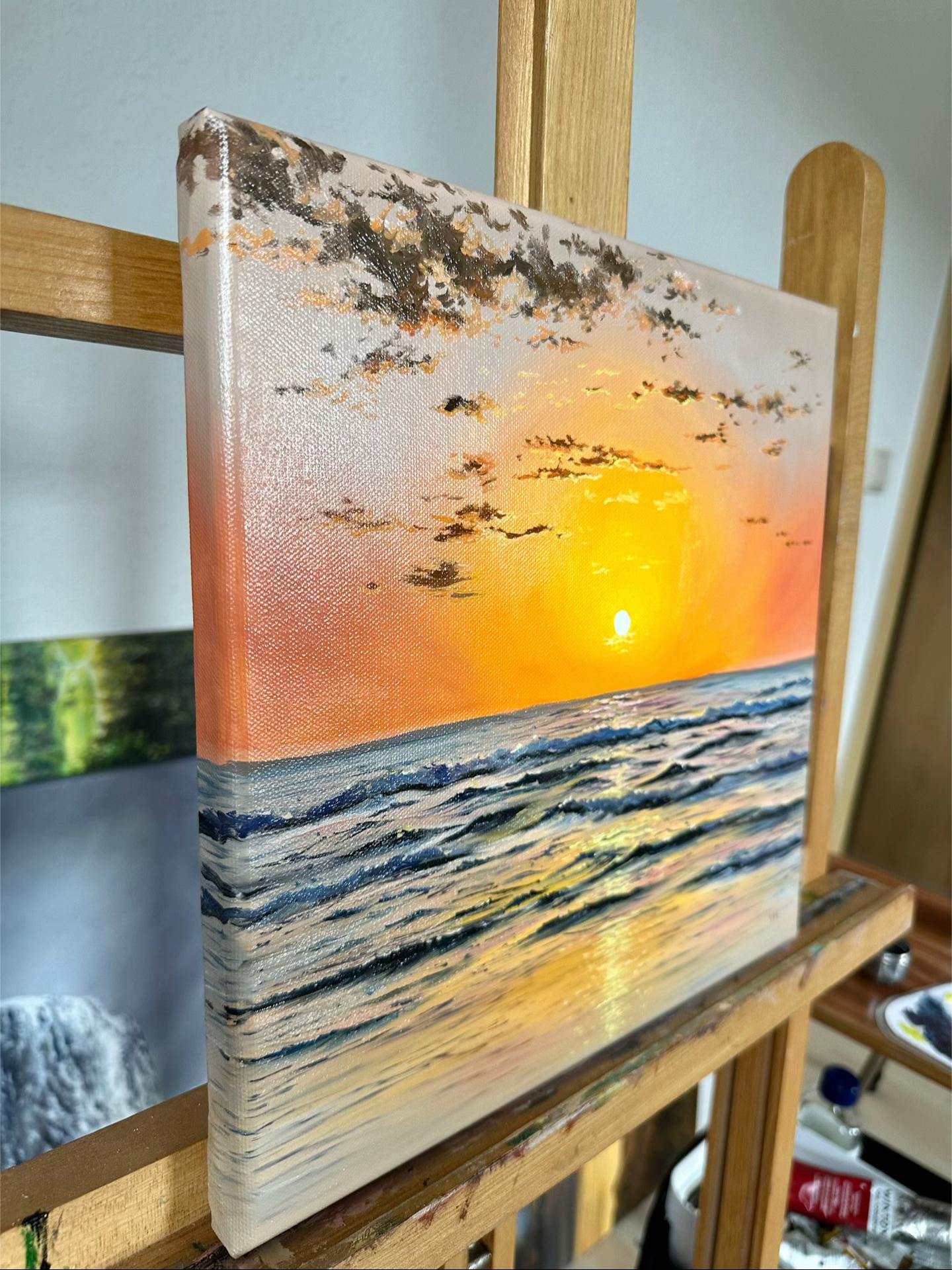 Side view of textured ocean sunset canvas painting