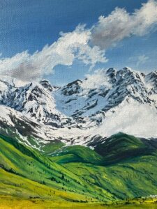 Textured snowy peaks in alpine mountain horse painting