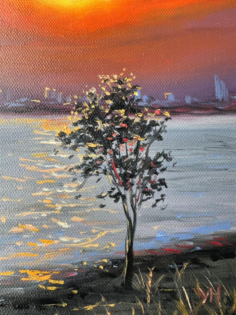 Impasto texture detail on shoreline tree and water reflections