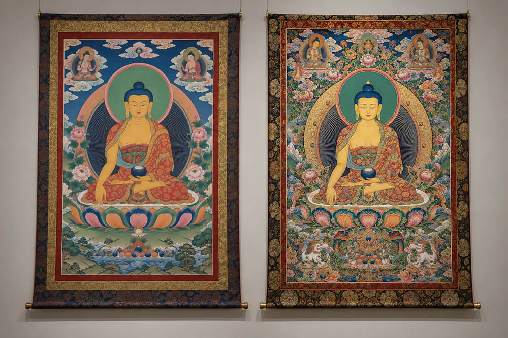 An artist applies fine gold details to a traditional Thangka painting.