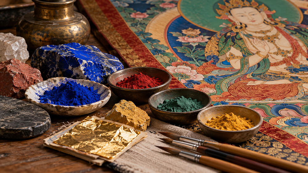 Mineral pigments, gold leaf, and brushes beside a detailed Thangka painting
