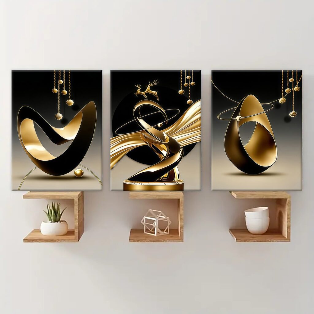 Three black and gold geometric canvas prints above floating shelves