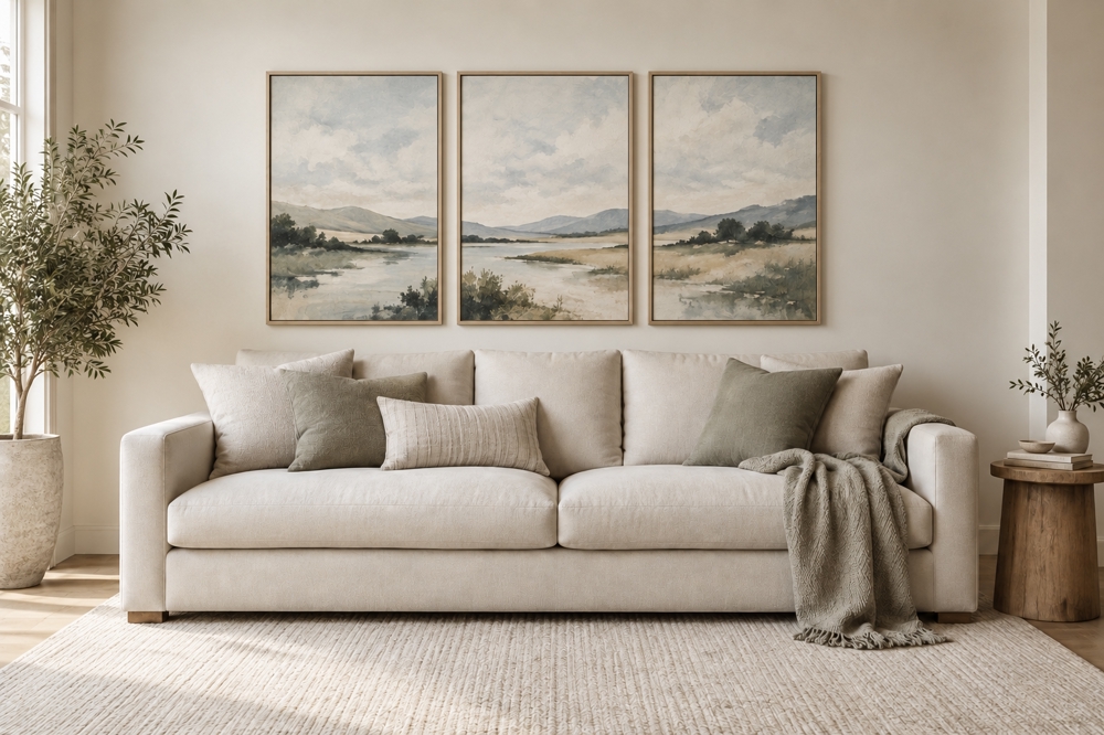 Three evenly spaced landscape paintings above a sofa
