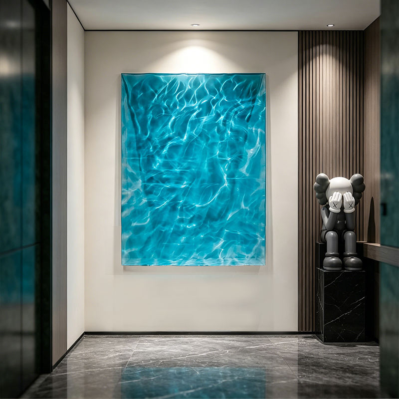 Turquoise blue abstract wall art in a modern hallway
