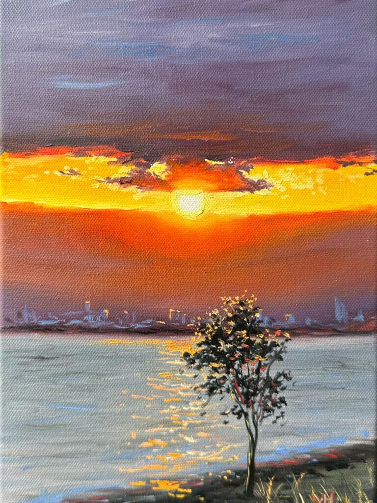 Sunset landscape oil painting with shoreline tree and glowing water