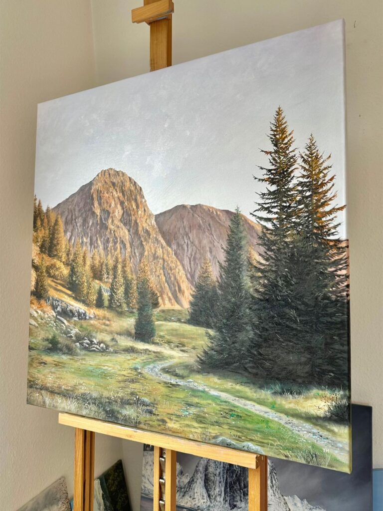 Unframed Autumn Path to the Peaks oil painting shown from the side