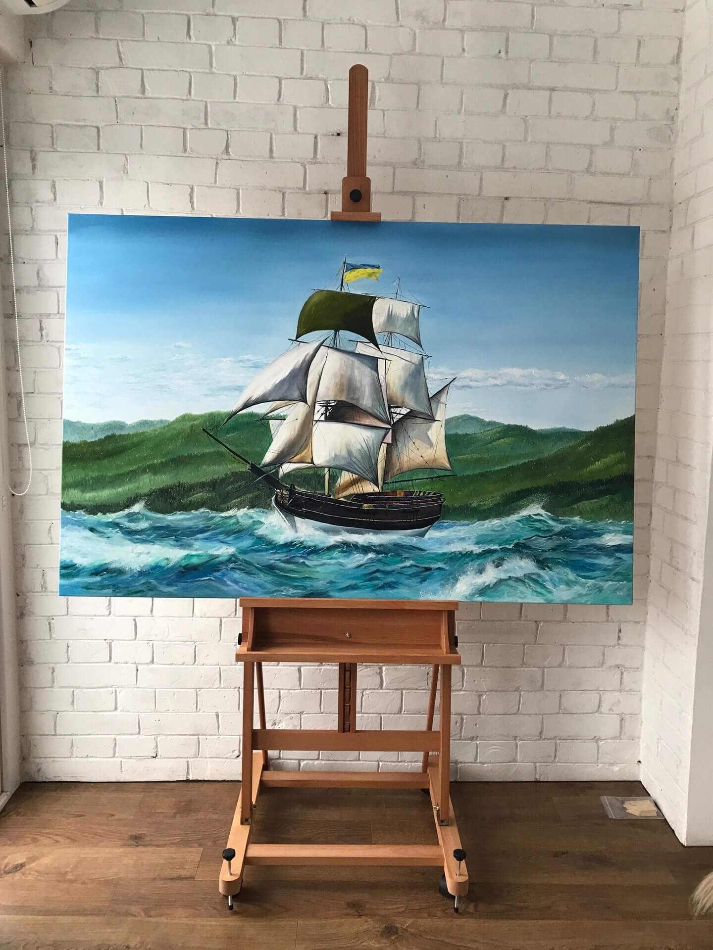 Large Sail Sailing Ship Oil Painting Across Rolling Blue Seas