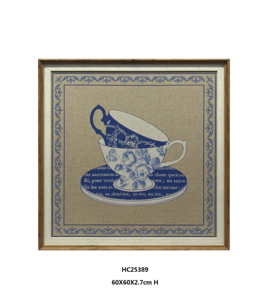 Vintage tea cup wall art with a blue and white cup and spoon