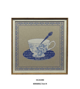 Vintage tea cup wall art with a blue and white floral teacup