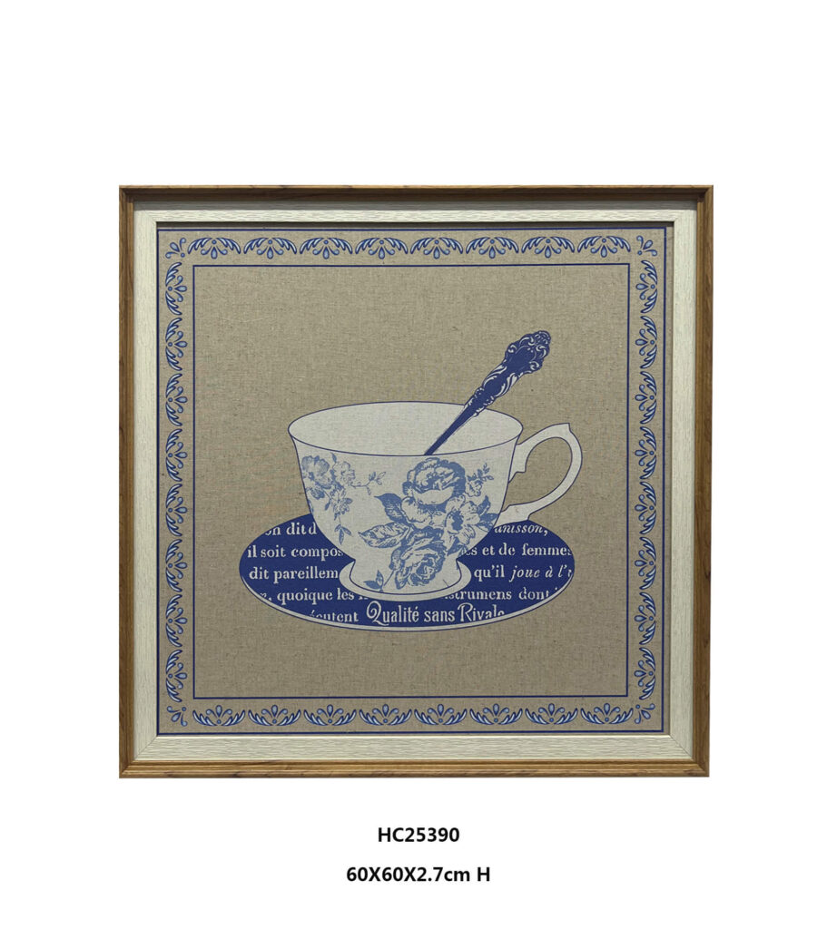 Vintage tea cup wall art with a blue and white floral teacup