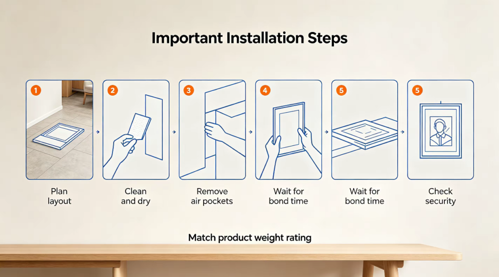 Steps for installing wall art without nails on a clean wall