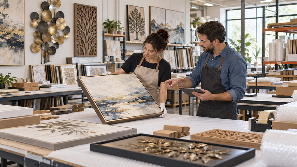 Workers review a framed painting in an organized wall art production studio.