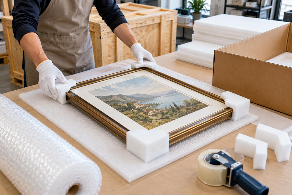 A framed painting is fitted with foam corner protectors for shipping.