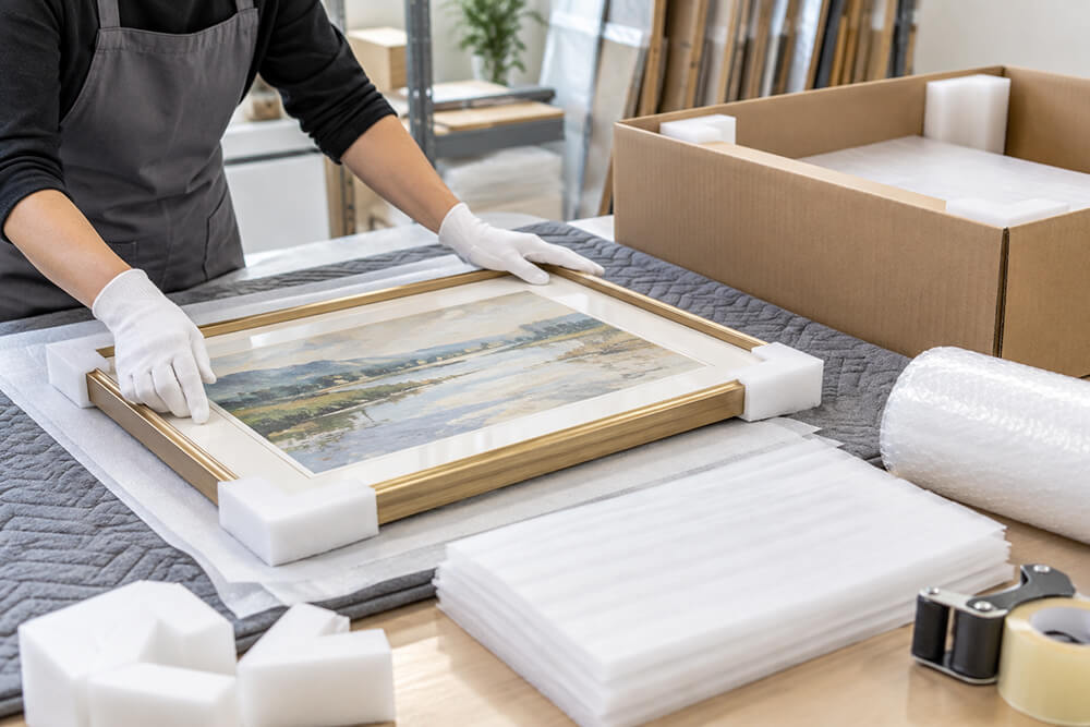 Worker protects framed wall art with foam corners before shipping.