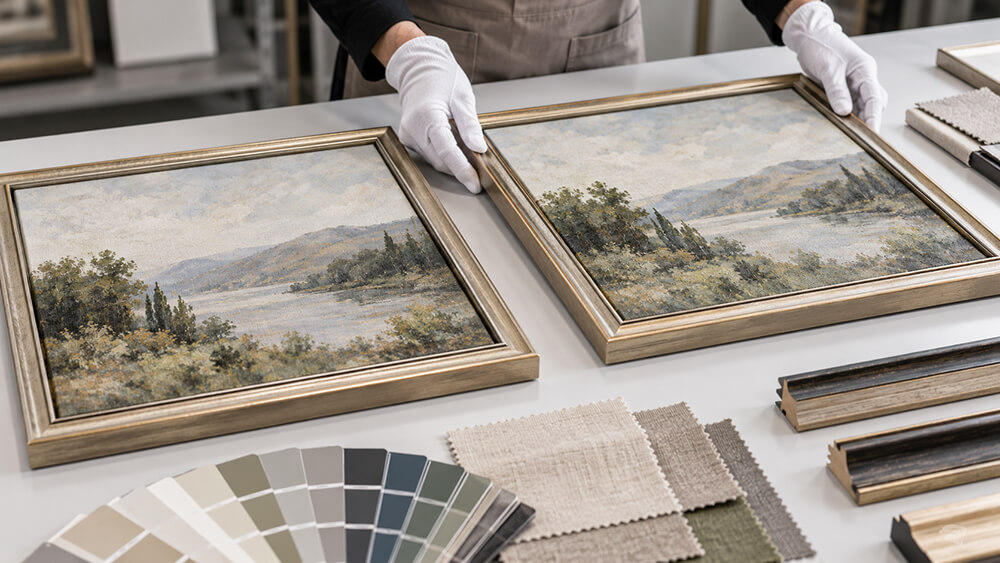 Gloved hands inspect frame alignment and finish on decorative paintings.