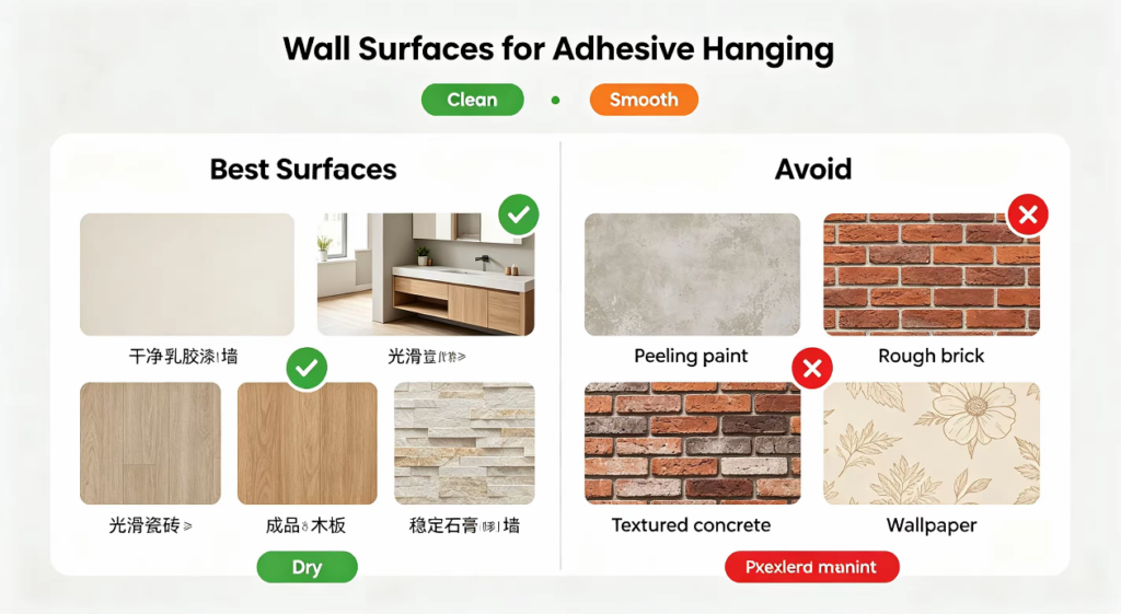 Suitable and unsuitable wall surfaces for adhesive wall art hanging