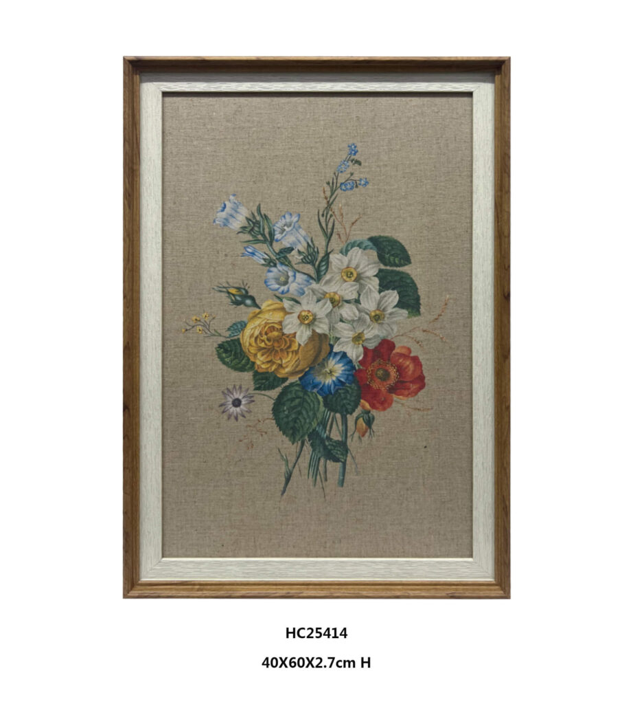 Framed vintage floral wall art on printed linen with yellow red blue and white blooms