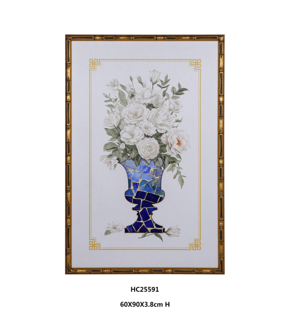 Framed glass floral wall art with white blossoms and a blue mosaic vase
