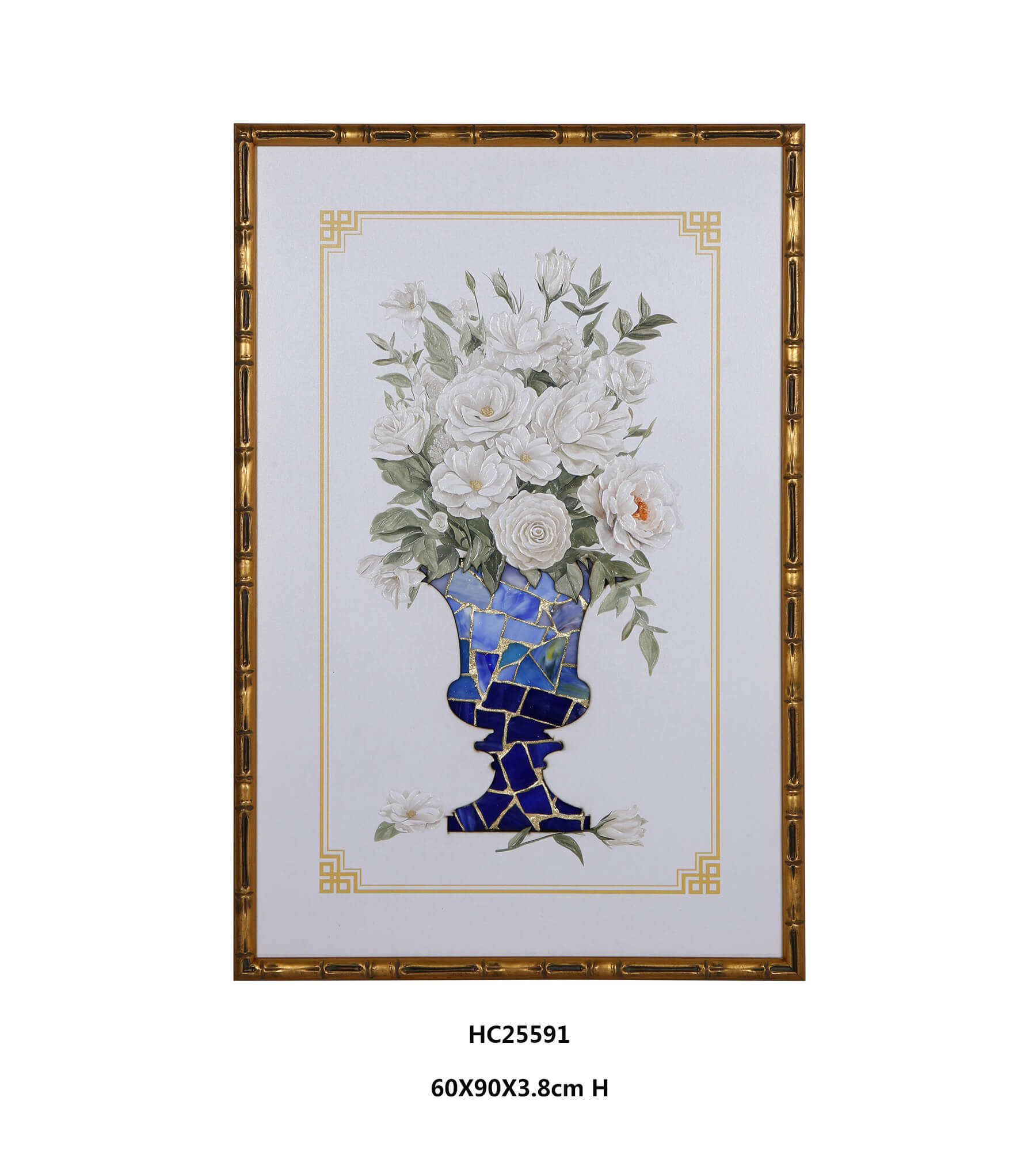 Framed glass floral wall art with white blossoms and a blue mosaic vase