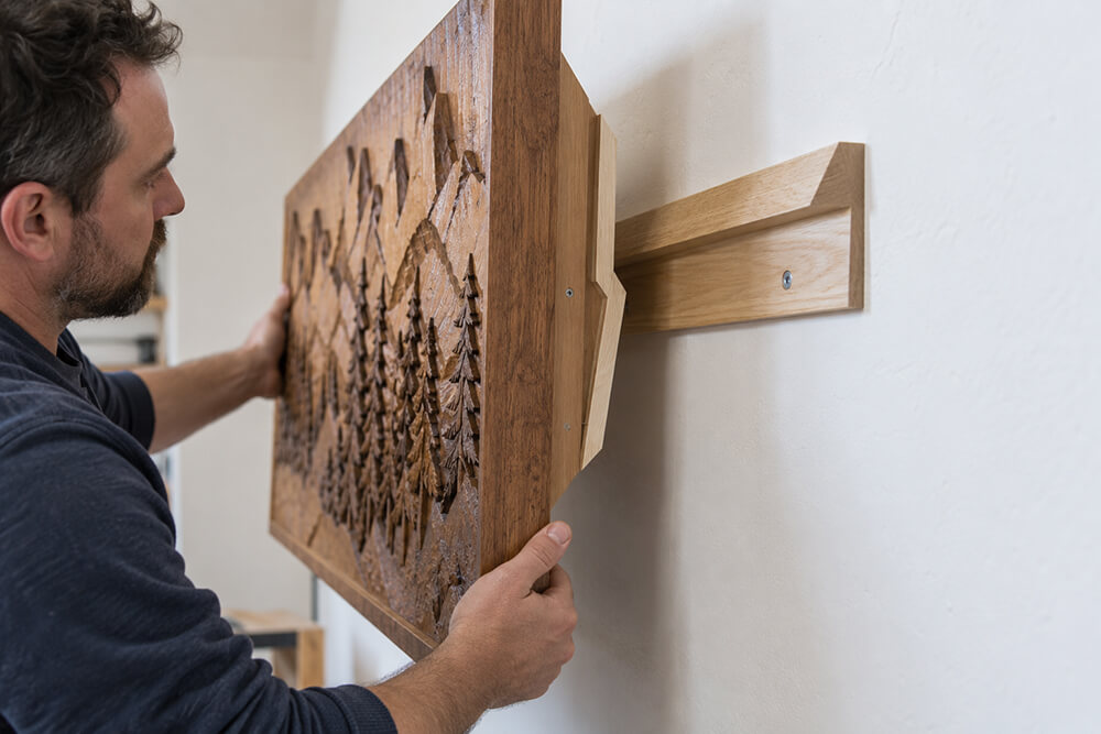 Carved wood wall art in a warm guesthouse sitting area
