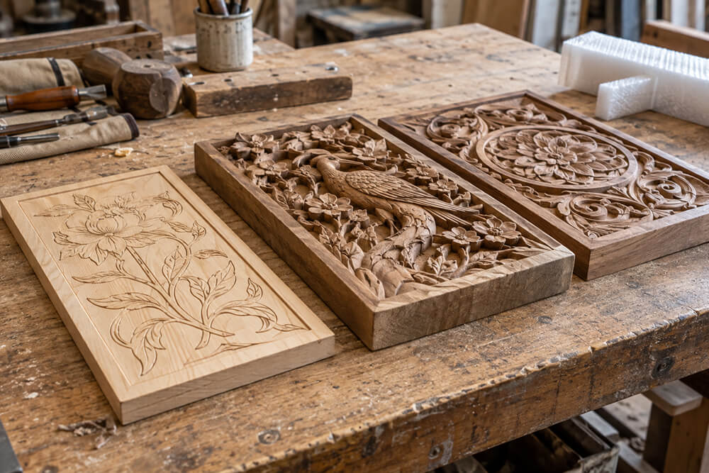 Wood carving samples show differences in relief depth and finish