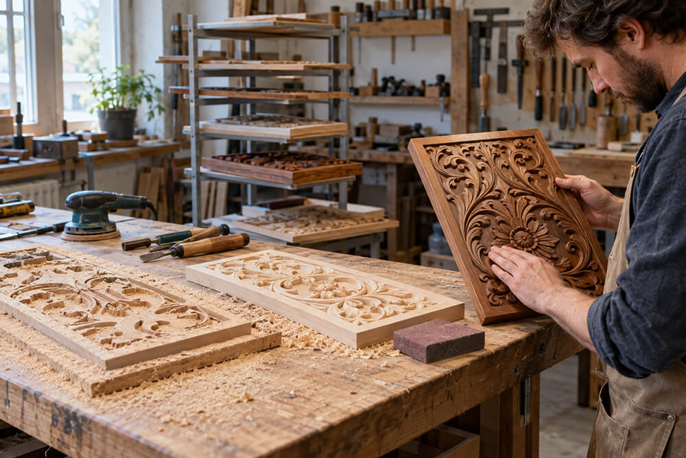 Woodcarver inspects panels at different production stages