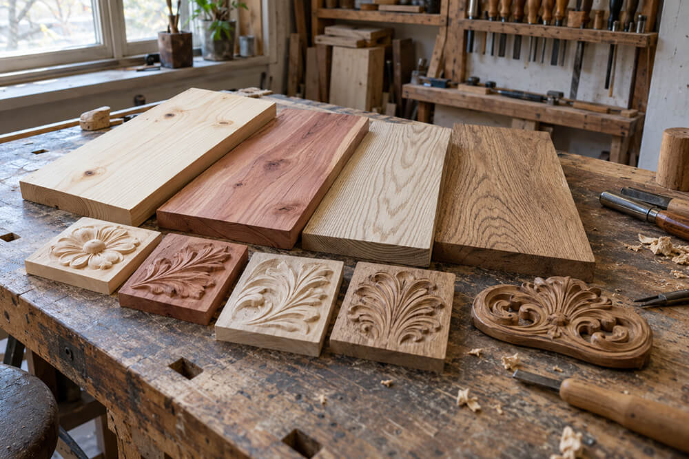 Wood boards and carved samples on a woodworking bench