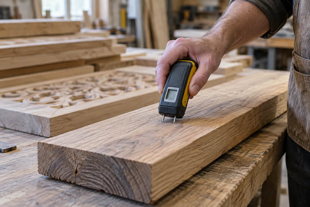 Woodworker checks lumber moisture with a handheld meter