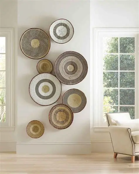 Woven basket wall art on a white wall