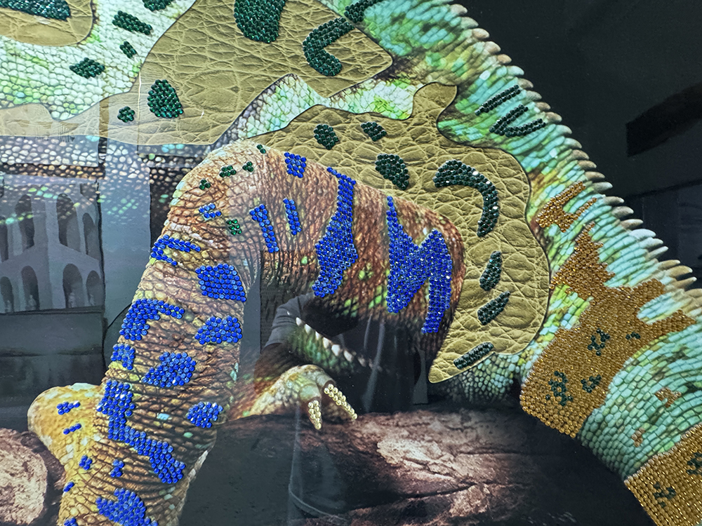 Chameleon crystal wall art with gold texture and blue gems