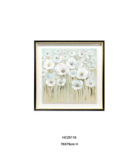 3D textured floral wall art with gold foil centers in a black frame.