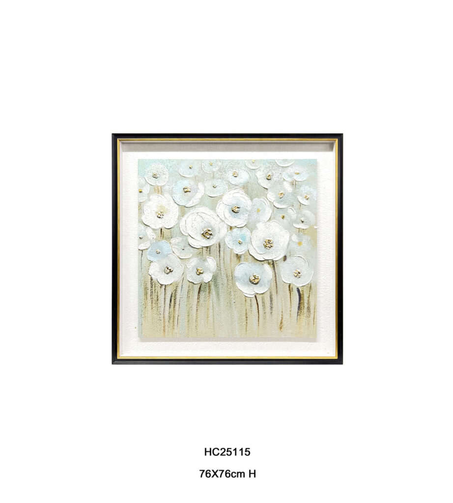 3D textured floral wall art with gold foil centers in a black frame.