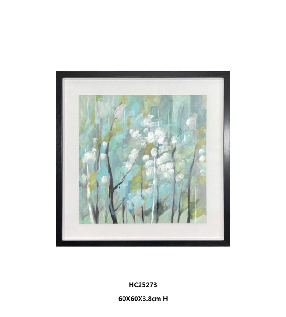 Abstract birch tree wall art in black frame with white mat