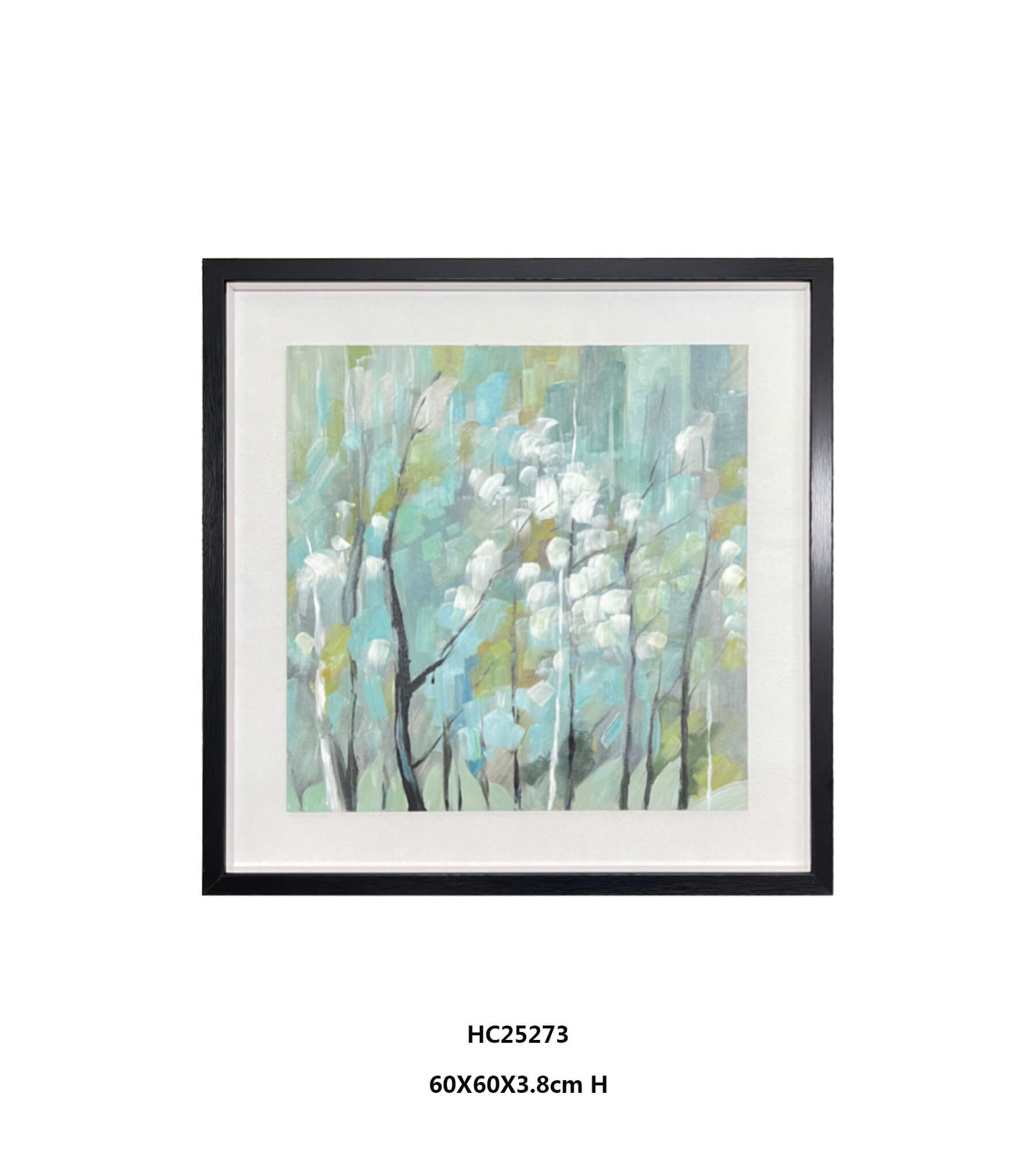 Hand Painted Square Abstract Birch Tree Wall Art in Black Wood Frame with White Mat(60x60cm)