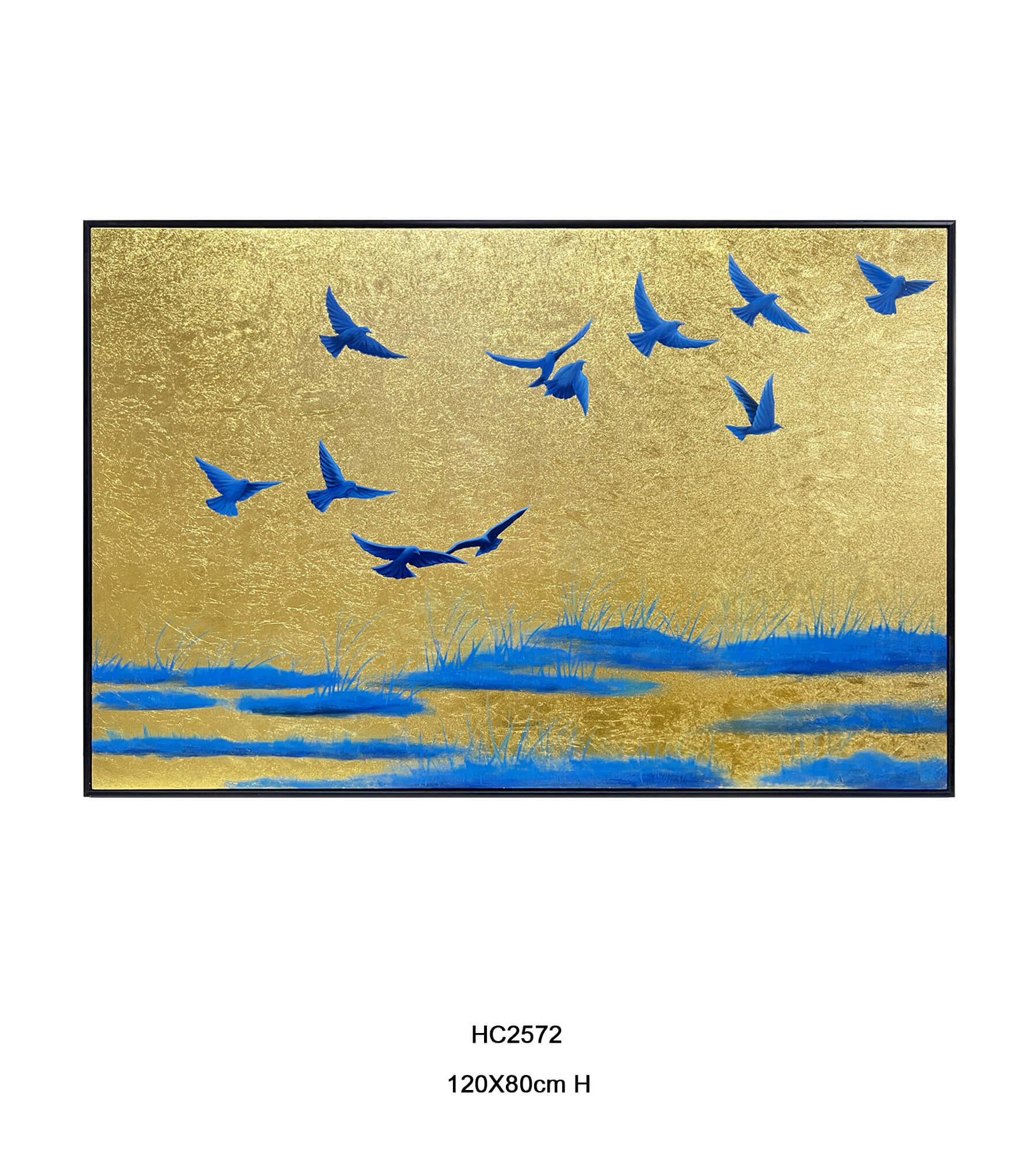 Abstract gold foil birds wall art with blue flying birds