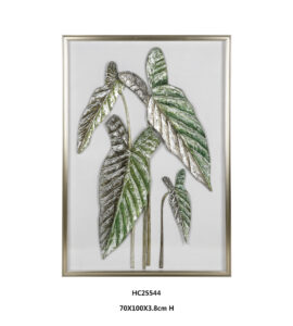 Framed alocasia leaf wall art with silver and green leaves