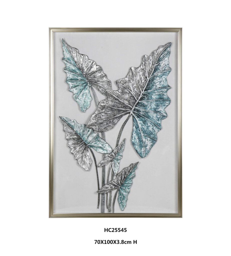 Framed alocasia leaf wall art with silver and teal leaves