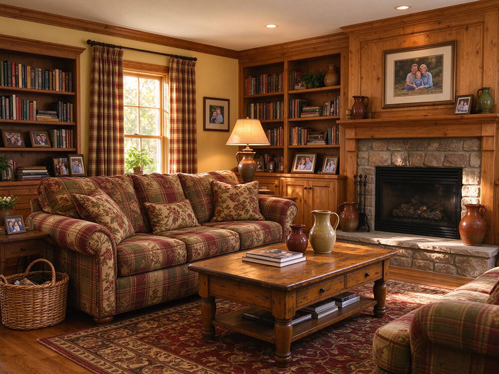 American country style living room with cozy fireplace and wall art design.