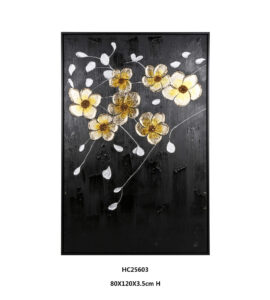 black and gold textured floral wall art with trailing white stems