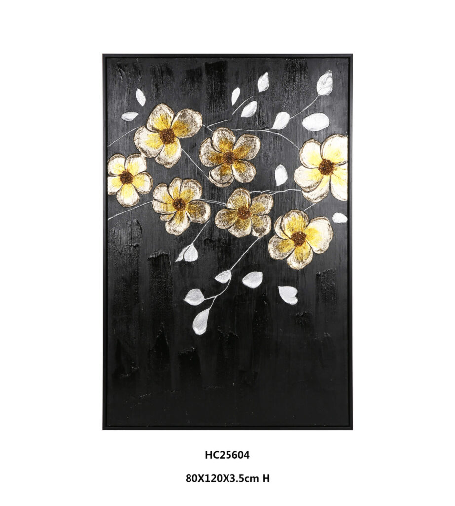 black and gold textured floral wall art with large ivory blooms