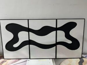 Black and White Abstract Wall Art triptych with flowing black bands