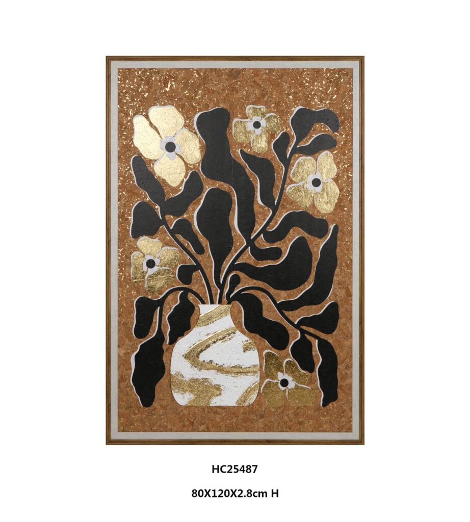 Black and gold floral wall art with a rounded white vase on cork