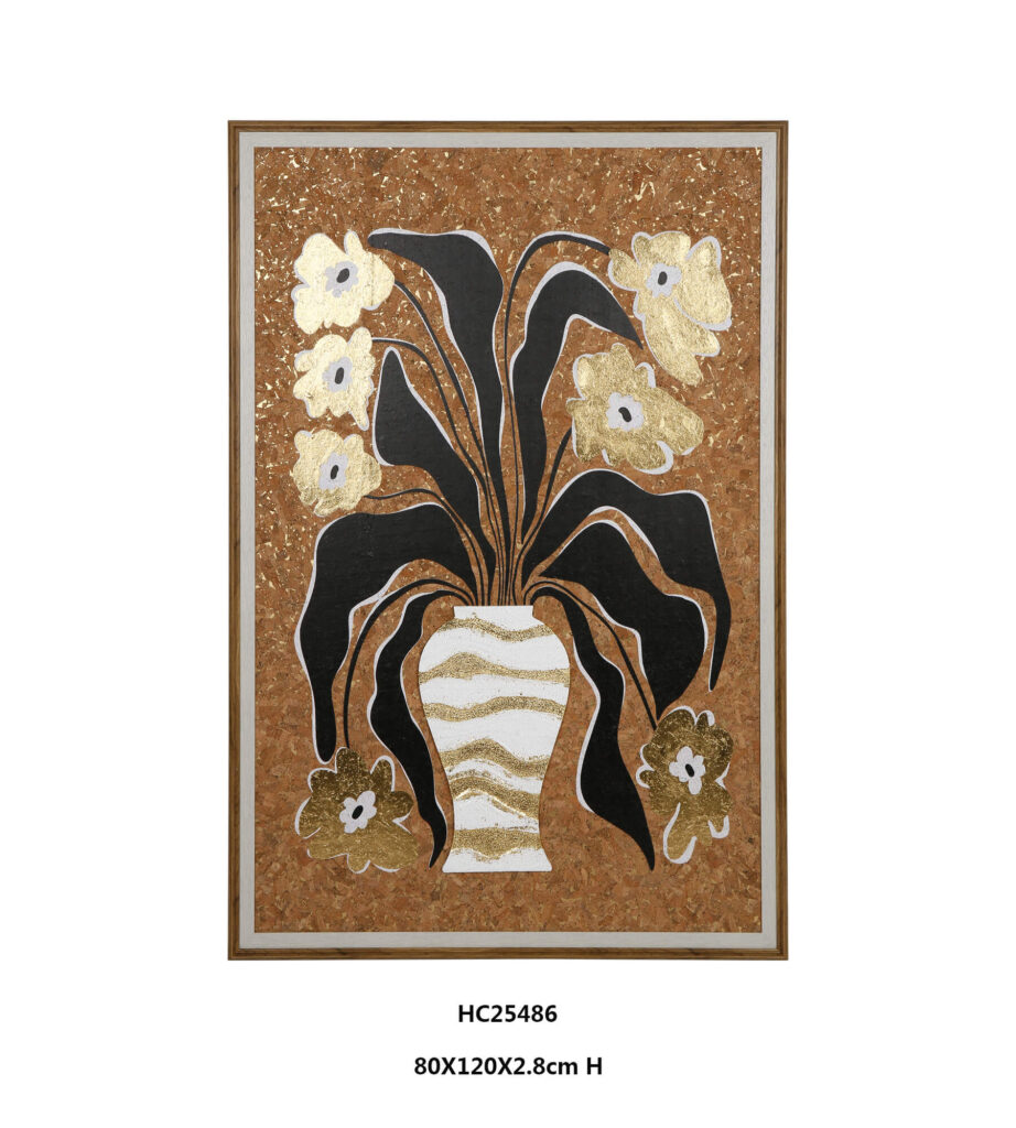 Black and gold floral wall art with a tall white vase on cork