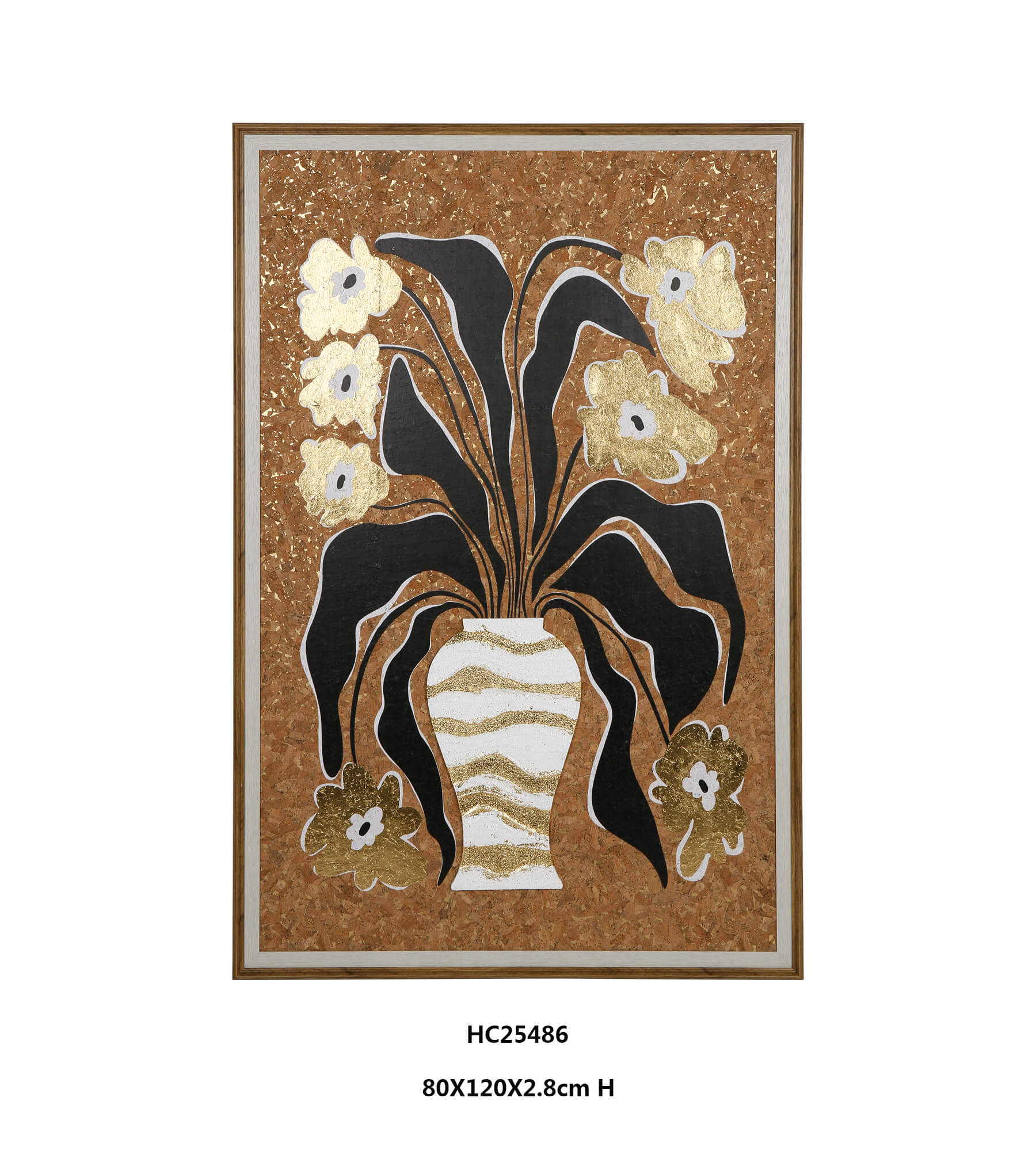 Black and Gold Floral Wall Art with Rich Cork Texture and Sculptural Detail