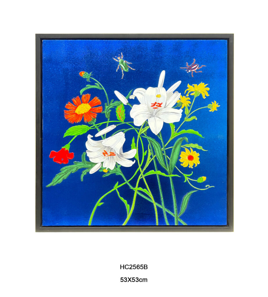 Blue framed chinoiserie lily and wildflower wall art