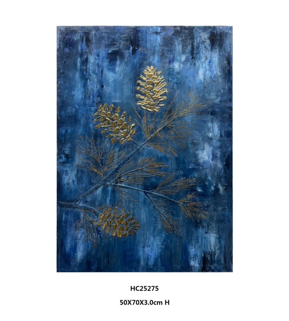 3D relief pinecone blue and gold textured canvas