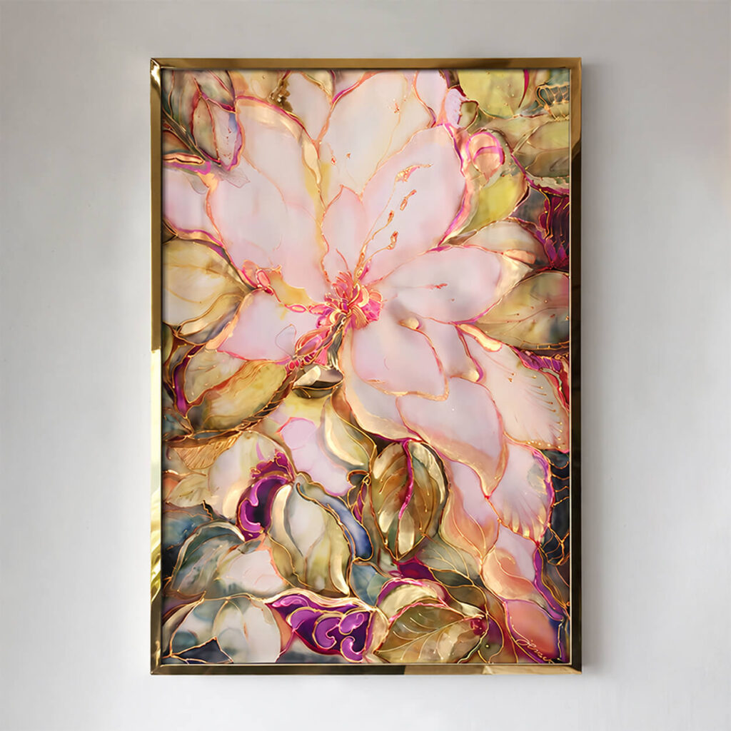 Front view of crystal floral wall art with pink petals and gold accents